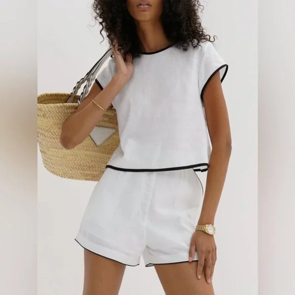 Commence Pure cotton contrast trim white short set size small